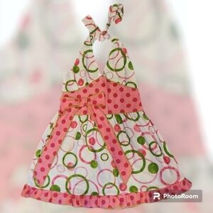3/$30 ANN LOREN Pink and Green Bubble Ruffle Smock Halter Polka Dot Bow Dress